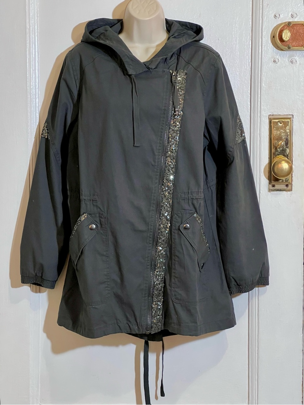 Embellished Hooded Grey Jacket with Sequin Trim, 14 W